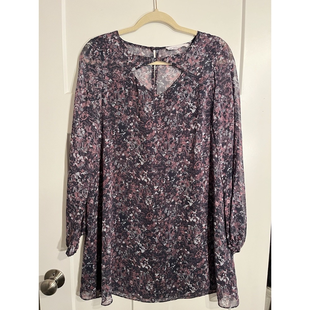 BCBGeneration Chiffon Floral Keyhole Long Sleeve Shift Dress Purple Black Small